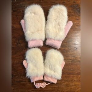Real Mink Fur and Knit Mittens in Cream and Pink Mommy and Me